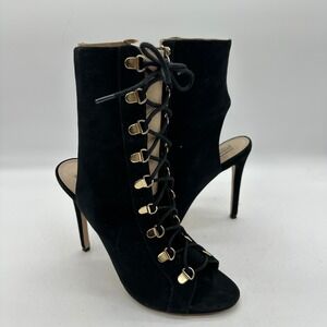 Steve Madden Kennee 10M Black Suede Peep Toe Lace-Up Stiletto Open Toe Booties